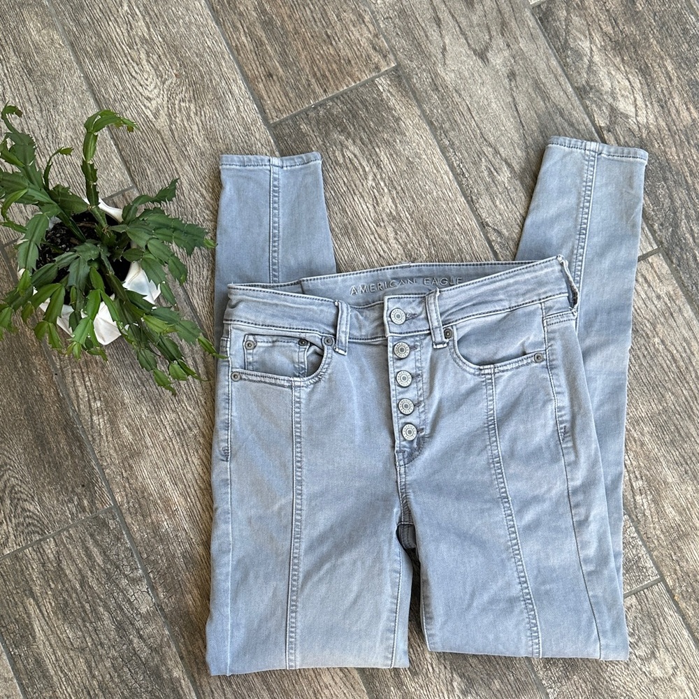 American Eagle Gray Forward Seam Skinny Jeans High Waisted Stretch Size 4 - Picture 5 of 11